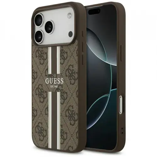 Husa MagSafe pentru Apple iPhone 17 Pro Max, Guess, 4G Printed Stripes (Maro)