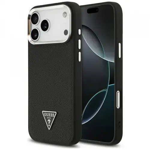 Husa MagSafe pentru Apple iPhone 17 Pro Max, Guess, Grained Triangle Logo, Neagra