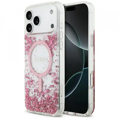 Husa MagSafe pentru Apple iPhone 17 Pro Max, Guess, Resin Bottom Glitter , Roz