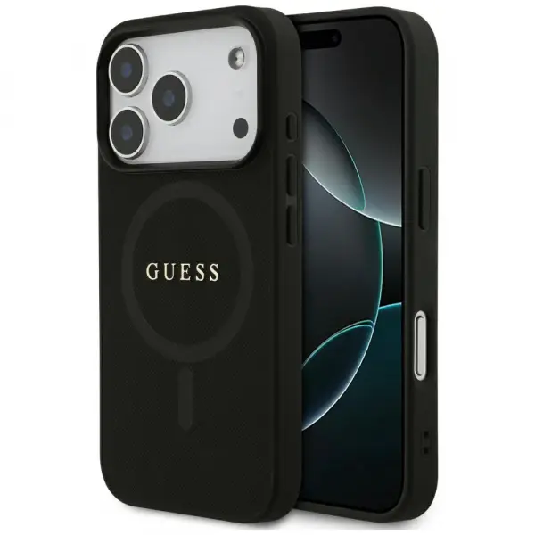 Husa MagSafe pentru Apple iPhone 17 Pro Max, Guess, Saffiano Classic Logo, Neagra