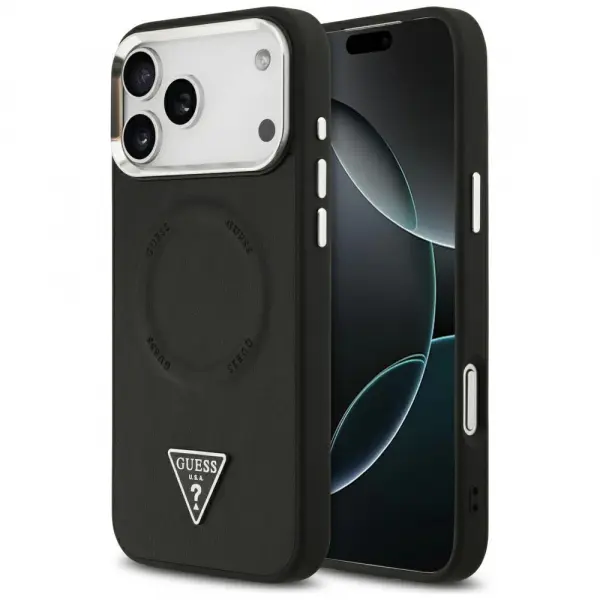 Husa MagSafe pentru Apple iPhone 17 Pro Max, Guess, Triangle Logo, Neagra Argintie