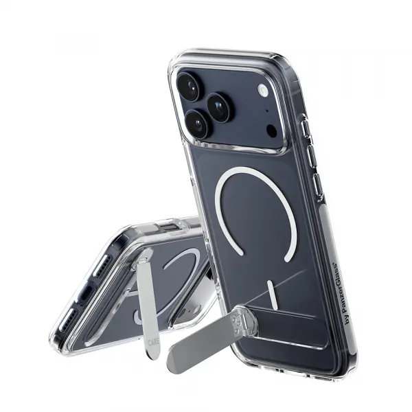 Husa MagSafe pentru Apple iPhone 17 Pro Max, PanzerGlass, Care Feature Kickstand, Transparenta Alba