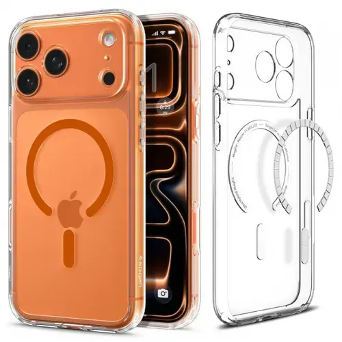 Husa MagSafe pentru Apple iPhone 17 Pro Max, Spigen, Ultra Hybrid, Transparent/Portocaliu