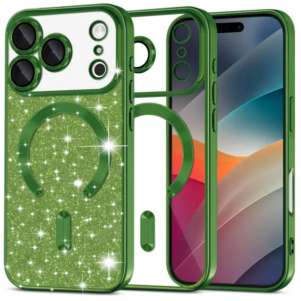 Husa MagSafe pentru Apple iPhone 17 Pro, Techsuit, Luxury Glitter, Verde Inchis