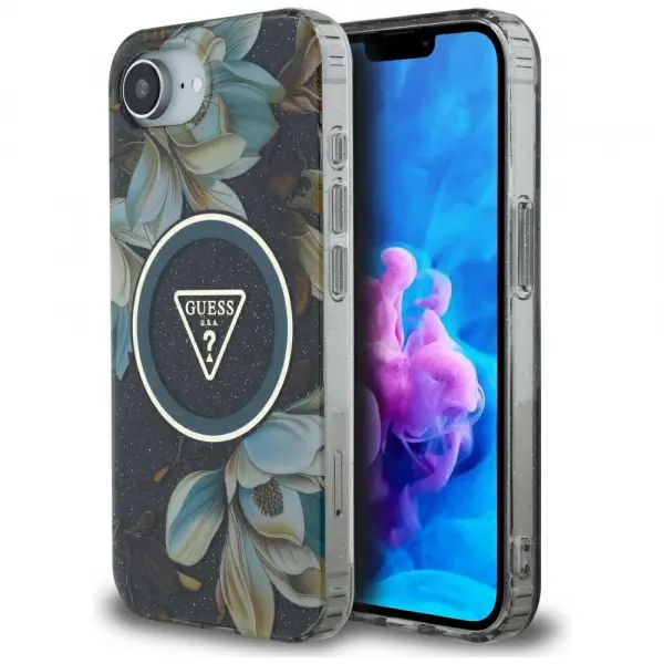 Husa MagSafe pentru Apple iPhone 17e / 16e, Guess, IML Metal Glitter Flowers Triangle, Neagra