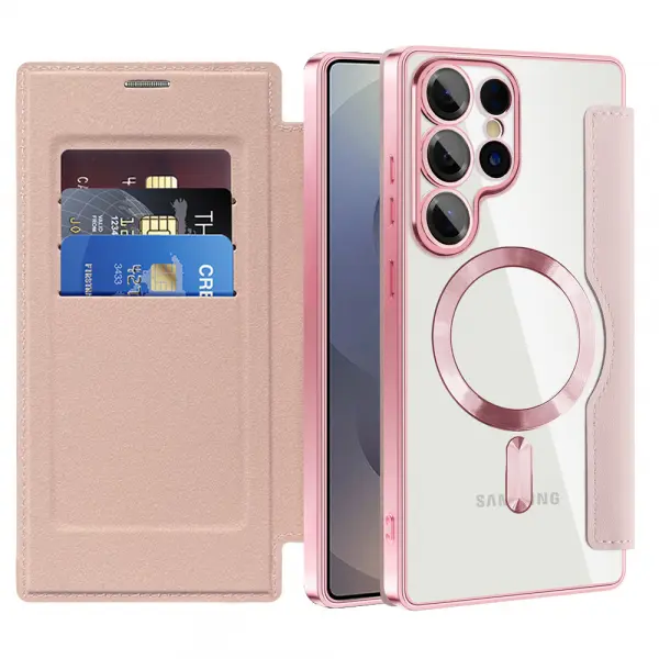 Husa MagSafe pentru Samsung Galaxy S25 Ultra S938, Techsuit, SmartMag Book, Roz
