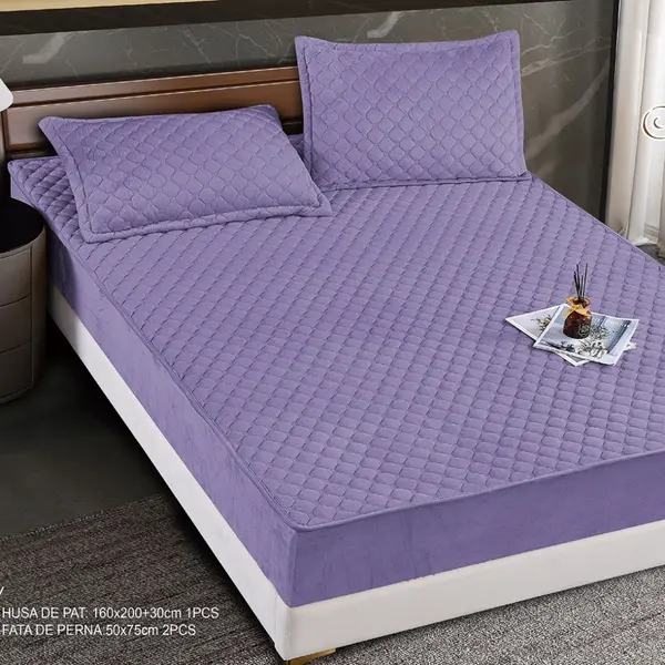 Husa Matlasata Tip Topper din Catifea 160x200cm, cu 2 Fete de Perna 50x70cm - Somn Odihnitor si Sustinere pentru Spate, Mov