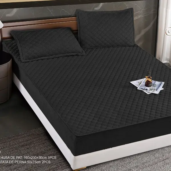Husa Matlasata Tip Topper din Catifea 160x200cm, cu 2 Fete de Perna 50x70cm - Somn Odihnitor si Sustinere pentru Spate, Negru