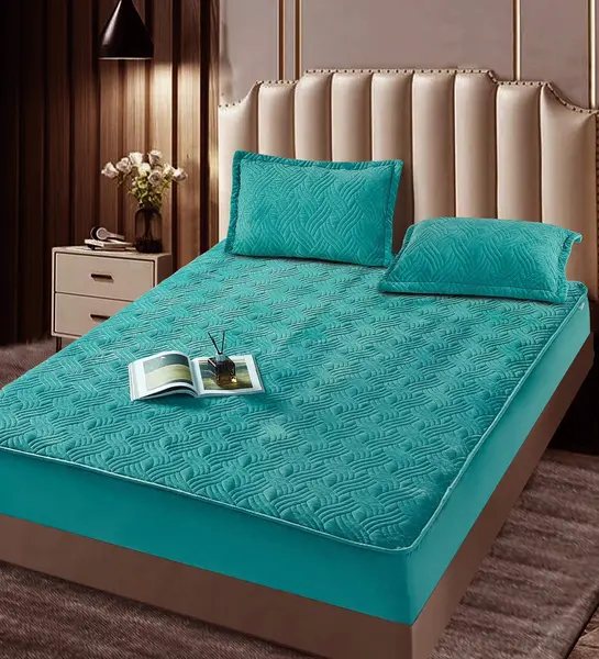 Husã matlasatã tip topper din catifea, 180x200cm + 2 fete de perna 50x70cm, Turquoise