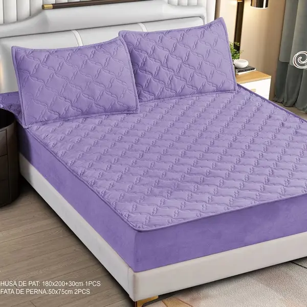 Husa Matlasata Tip Topper din Catifea 180x200cm, cu 2 Fete de Perna 50x70cm - Somn Odihnitor si Sustinere pentru Spate, Mov