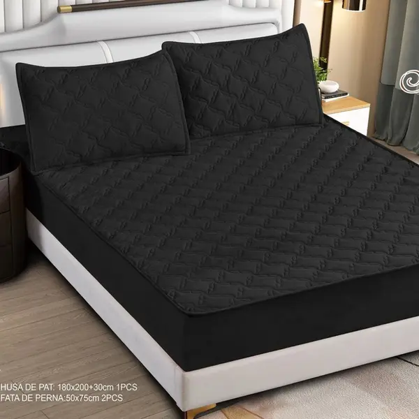 Husa Matlasata Tip Topper din Catifea 180x200cm, cu 2 Fete de Perna 50x70cm - Somn Odihnitor si Sustinere pentru Spate, Negru