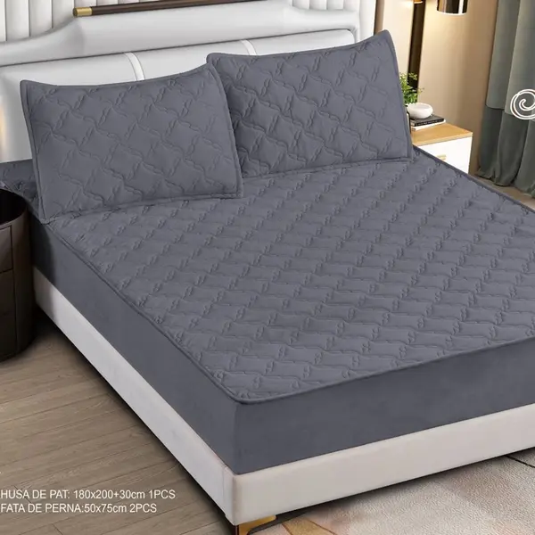 Husa Matlasata Tip Topper din Catifea 180x200cm, cu 2 Fete de Perna 50x70cm - Somn Odihnitor si Sustinere pentru Spate, Gri inchis