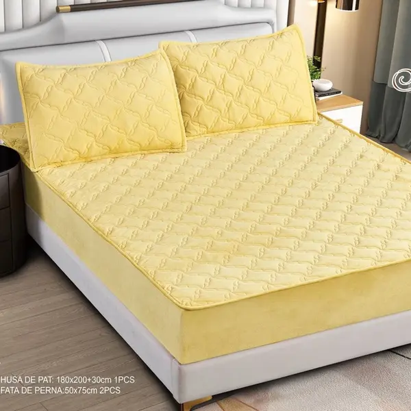Husa Matlasata Tip Topper din Catifea 180x200cm, cu 2 Fete de Perna 50x70cm - Somn Odihnitor si Sustinere pentru Spate, Galben