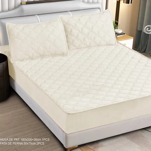 Husa Matlasata Tip Topper din Catifea 180x200cm, cu 2 Fete de Perna 50x70cm - Somn Odihnitor si Sustinere pentru Spate, Crem