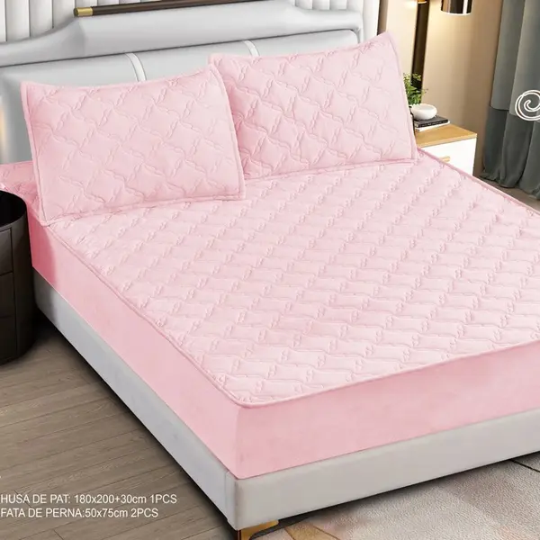 Husa Matlasata Tip Topper din Catifea 180x200cm, cu 2 Fete de Perna 50x70cm - Somn Odihnitor si Sustinere pentru Spate, Roz