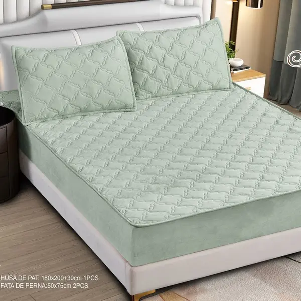 Husa Matlasata Tip Topper din Catifea 180x200cm, cu 2 Fete de Perna 50x70cm - Somn Odihnitor si Sustinere pentru Spate, Verde salvie