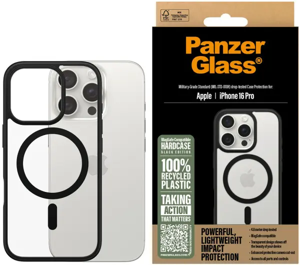 Husă PanzerGlass - HardCase Black MagSafe, iPhone 16 Pro, transparent