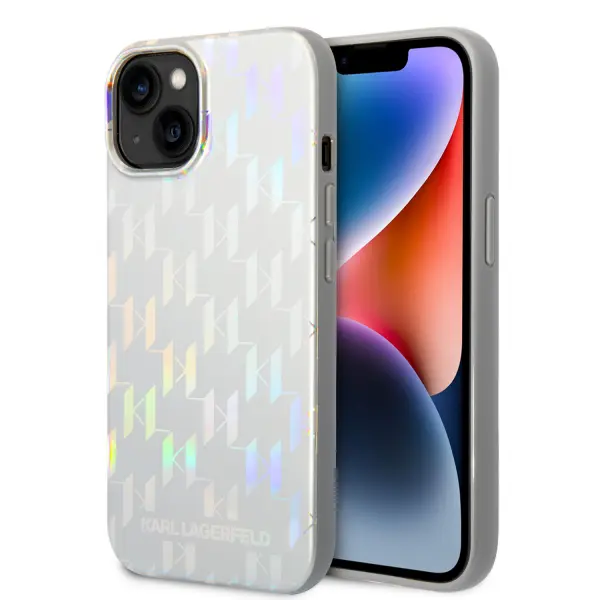 Husa pentru Apple iPhone 14 Plus, Karl Lagerfeld, Monogram Iridescent, Argintie