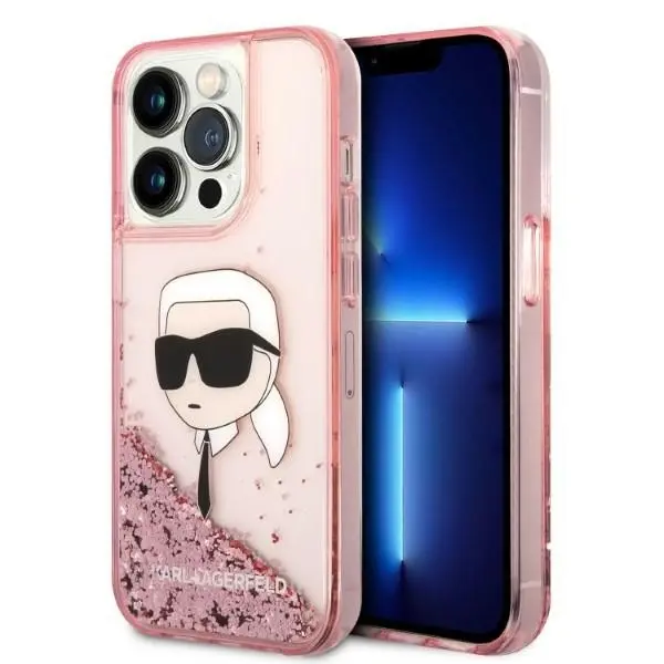 Husa pentru Apple iPhone 14 Pro, Karl Lagerfeld, Glitter Karl's Head, Roz