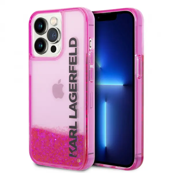 Husa pentru Apple iPhone 14 Pro, Karl Lagerfeld, Liquid Glitter KL Logo, Roz