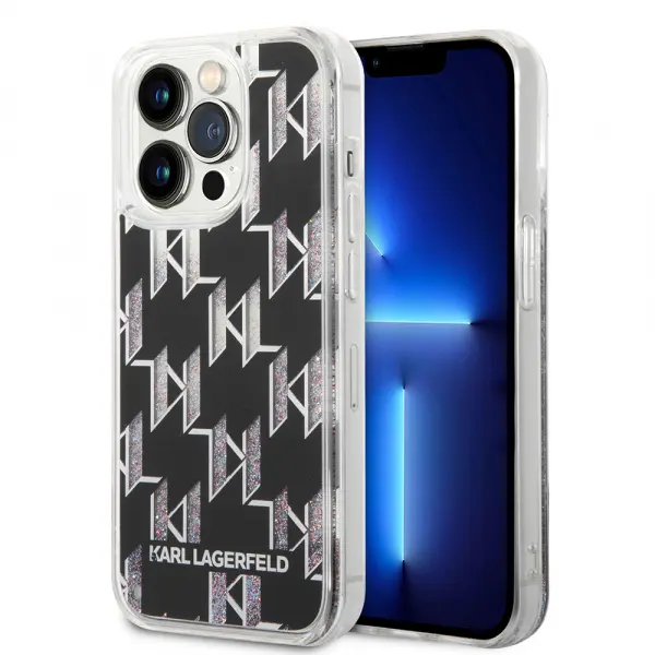 Husa pentru Apple iPhone 14 Pro, Karl Lagerfeld, Liquid Glitter Monogram, Neagra