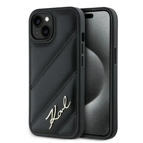 Husa pentru Apple iPhone 15, Karl Lagerfeld, Diagonal Quilted Script, Neagra