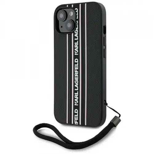 Husa pentru Apple iPhone 15, Karl Lagerfeld, Saffiano Athleisure Stripes with Strap, Negru/Roz