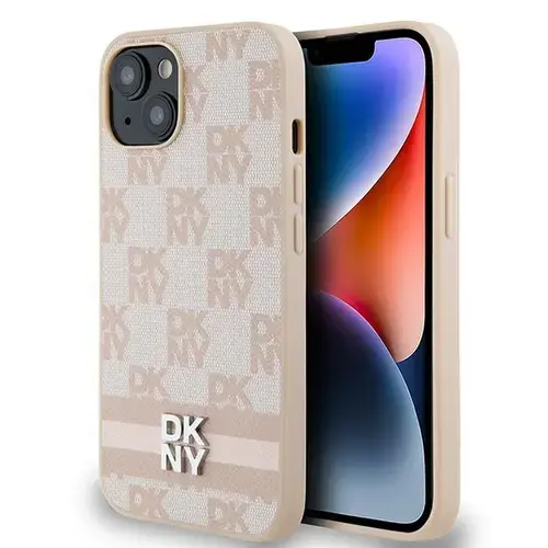 Husa pentru Apple iPhone 15 Plus, DKNY, Checkered Mono Pattern & Printed Stripes, Roz
