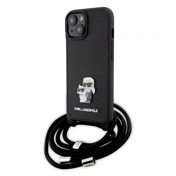 Husa pentru Apple iPhone 15 Plus, Karl Lagerfeld, Saffiano Crossbody Metal Pin Karl & Choupette, Neagra
