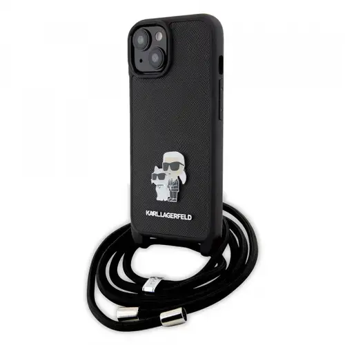 Husa pentru Apple iPhone 15 Plus, Karl Lagerfeld, Saffiano Crossbody Metal Pin Karl & Choupette, Neagra