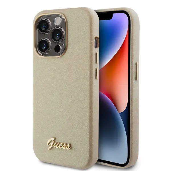 Husa pentru Apple iPhone 15 Pro, Guess, Glitter Glossy Script, Bej