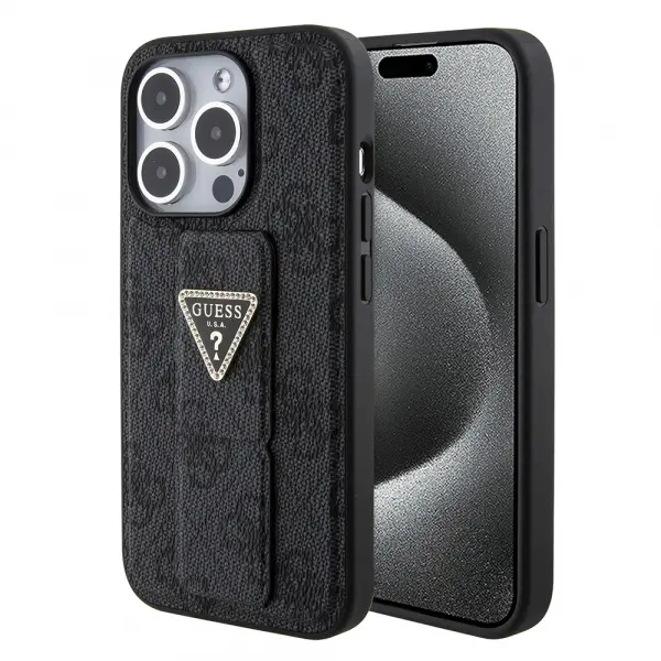 Husa pentru Apple iPhone 15 Pro, Guess, Grip Stand 4G Triangle Strass, Neagra