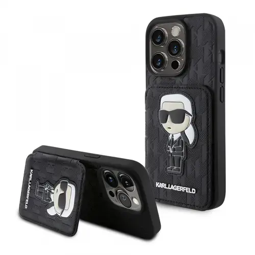Husa pentru Apple iPhone 15 Pro, Karl Lagerfeld, Saffiano Cardslots and Stand Monogram Ikonik Karl, Neagra