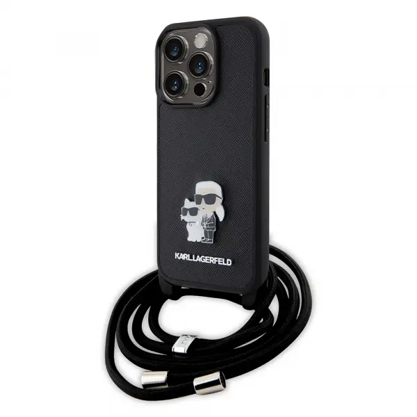 Husa pentru Apple iPhone 15 Pro, Karl Lagerfeld, Saffiano Crossbody Metal Pin Karl & Choupette, Neagra