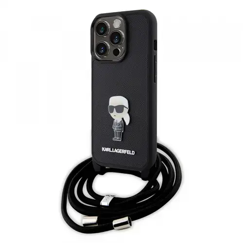 Husa pentru Apple iPhone 15 Pro, Karl Lagerfeld, Saffiano Crossbody Monogram Metal Pin Karl, Neagra