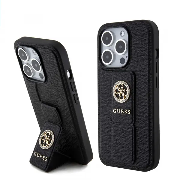 Husa pentru Apple iPhone 15 Pro Max, Guess, Grip Stand 4G Saffiano Strass, Neagra