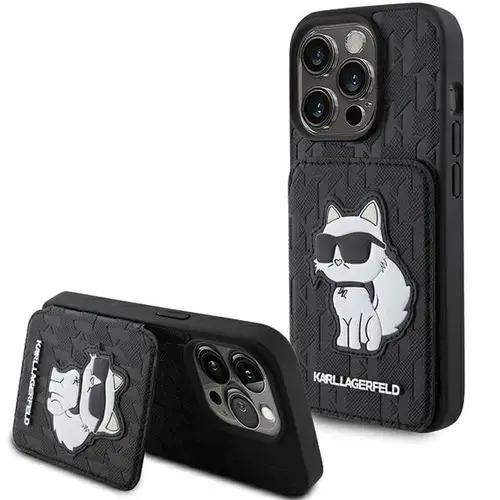 Husa pentru Apple iPhone 15 Pro Max, Karl Lagerfeld, Saffiano Cardslots and Stand Monogram Choupette, Neagra