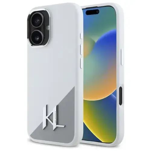 Husa pentru Apple iPhone 16, Karl Lagerfeld, Silicone White Shadow Metal Initial, Alba