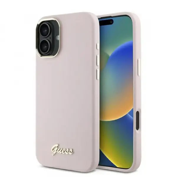 Husa pentru Apple iPhone 16 Plus, Guess, Script Metal Logo & Frame, Roz