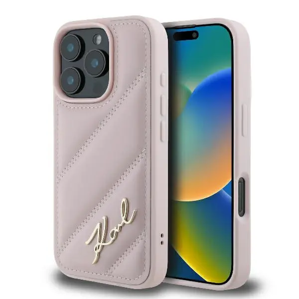 Husa pentru Apple iPhone 16 Pro, Karl Lagerfeld, Diagonal Quilted Script, Roz