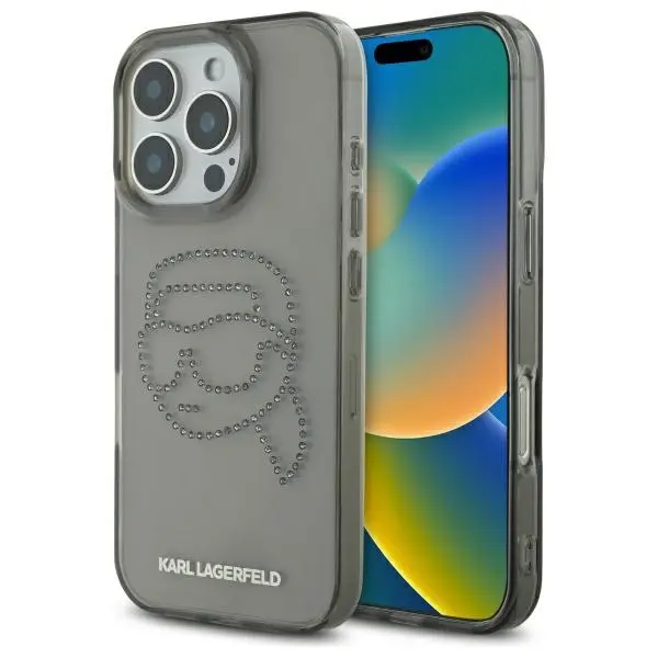 Husa pentru Apple iPhone 16 Pro Max, Karl Lagerfeld, IML Rhinestones Karl's Head, Neagra