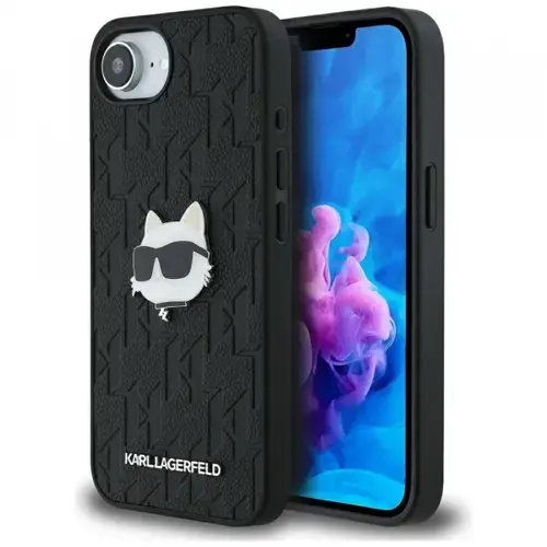 Husa pentru Apple iPhone 16e, Karl Lagerfeld, Monogram Choupette's Head, Neagra