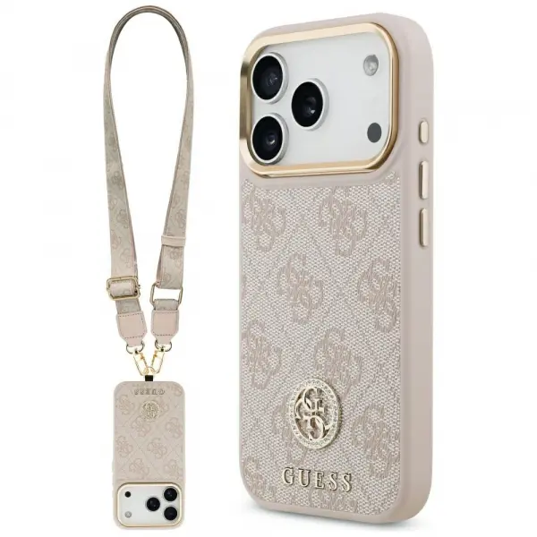 Husa pentru Apple iPhone 17 Pro, Guess, 4G Strass Logo and Big Strap, Roz