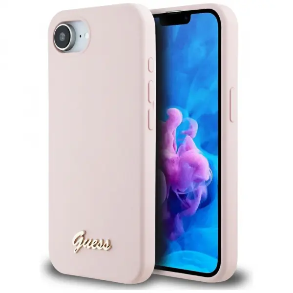 Husa pentru Apple iPhone 17e / 16e, Guess, Script Metal Logo, Roz