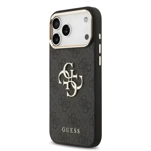 Husa Protectie Spate Guess PU Leather 4G Metal Logo Gold Frame pentru Aepple iPhone 17 Pro Max (Negru)
