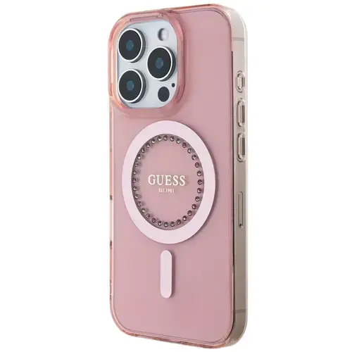 Husa Protectie Spate Guess Rhinestones Ring MagSafe pentru Apple iPhone 16 Pro Max (Roz)
