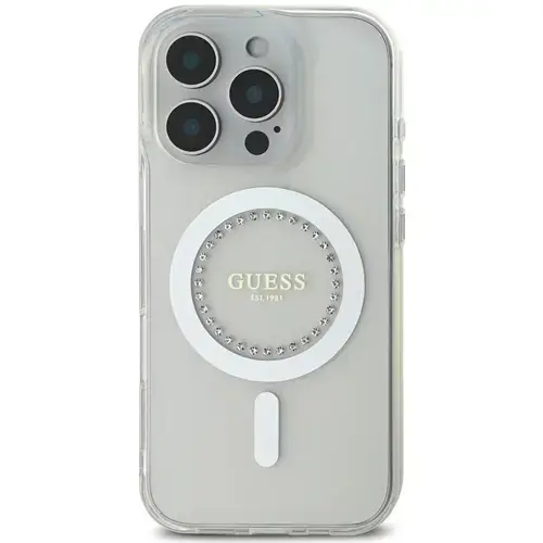 Husa Protectie Spate Guess Rhinestones Ring MagSafe pentru Apple iPhone 16 Pro (Alb)