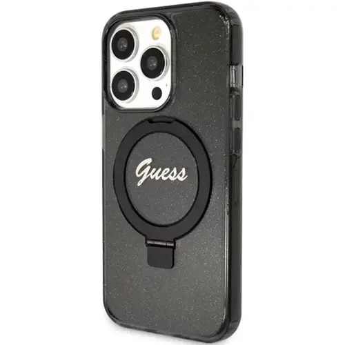 Husa Protectie Spate Guess Ring Stand Glitter MagSafe pentru Apple iPhone 15 Pro Max (Negru)