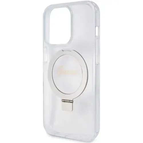 Husa Protectie Spate Guess Ring Stand Glitter MagSafe pentru Apple iPhone 15 Pro (Transparent)