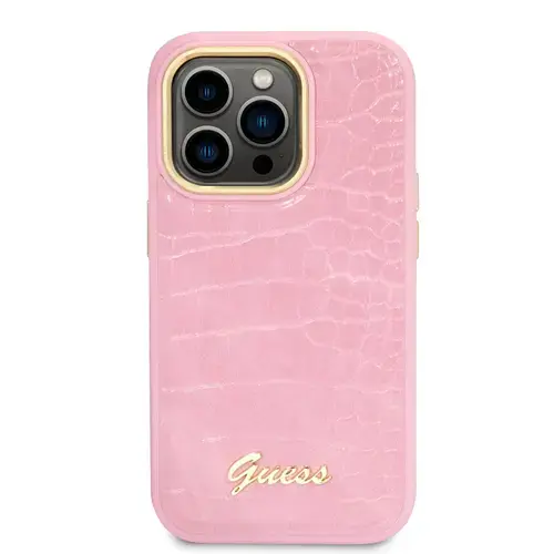Husa telefon Guess pentru iPhone 14 Pro, Croco with Metal Logo, Piele ecologica, Roz